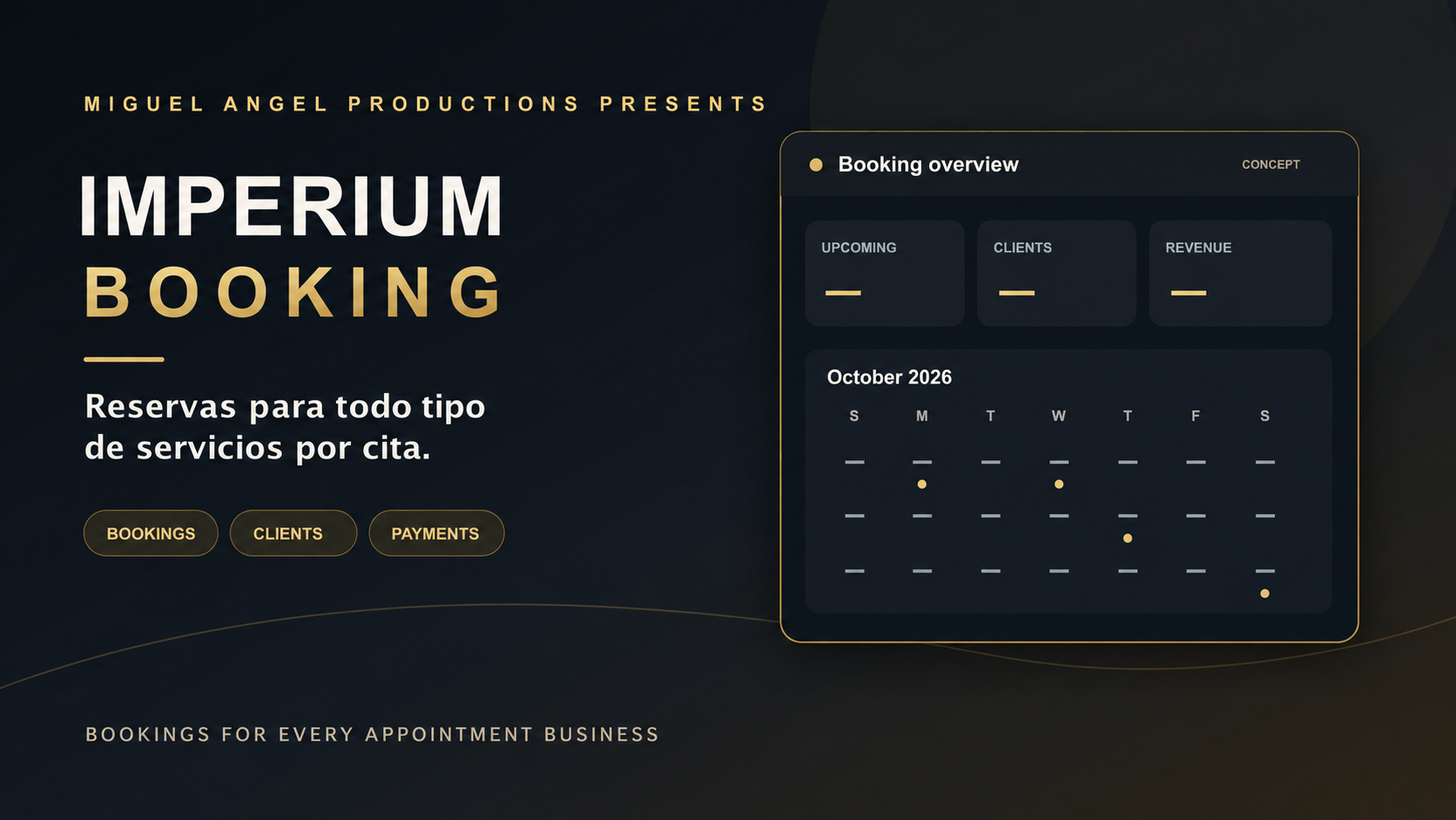 IMPERIUM BOOKING, software de reservas para servicios por cita de cualquier industria. Vista conceptual.